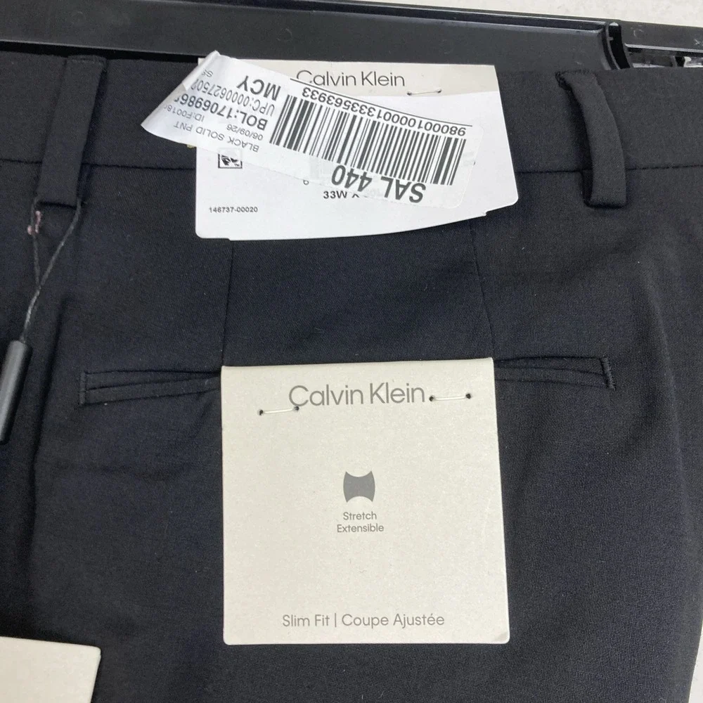 Calvin Klein Mens Black Slim Fit Wool Blend Stretch Dress Pants 33W 30L